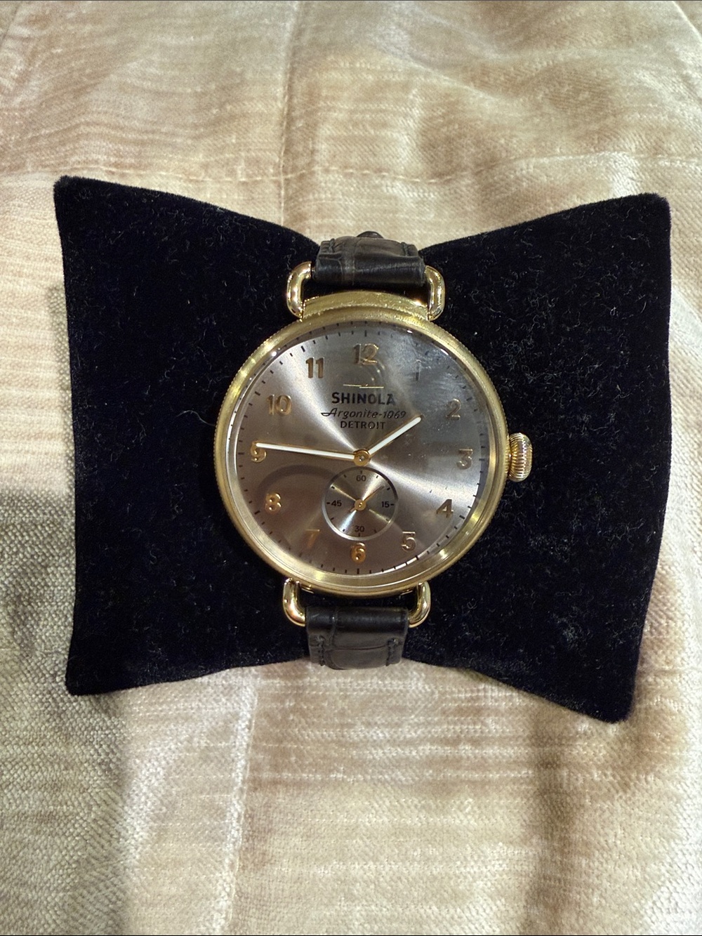 Shinola Canfield watch with croc embossed leather strap